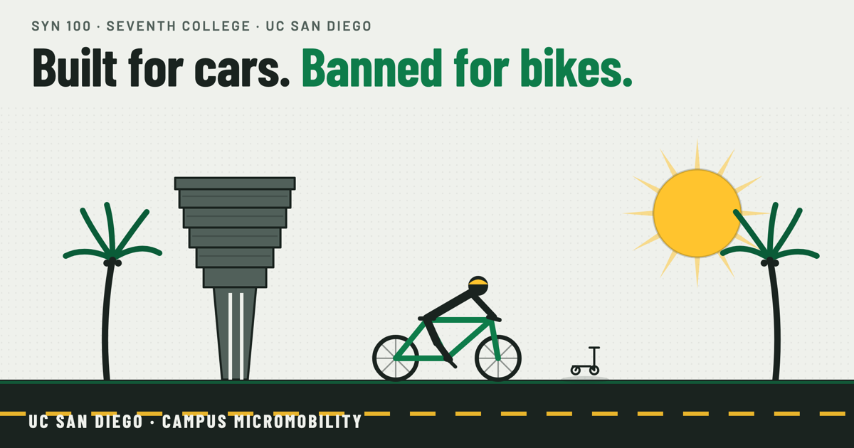 Built for cars, banned for bikes: a UC San Diego campus scene with a cyclist and a parked scooter